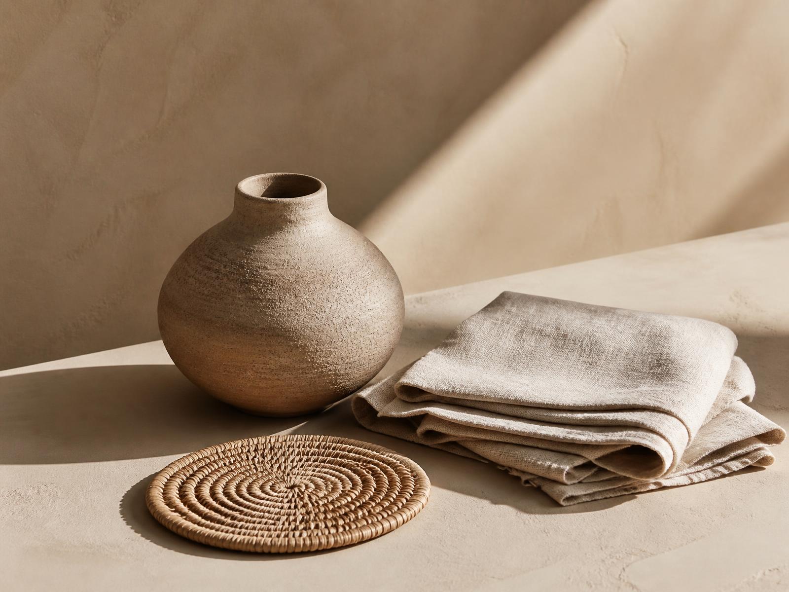Hand-thrown clay vessel, folded linen and a woven grass coaster on a warm plaster surface