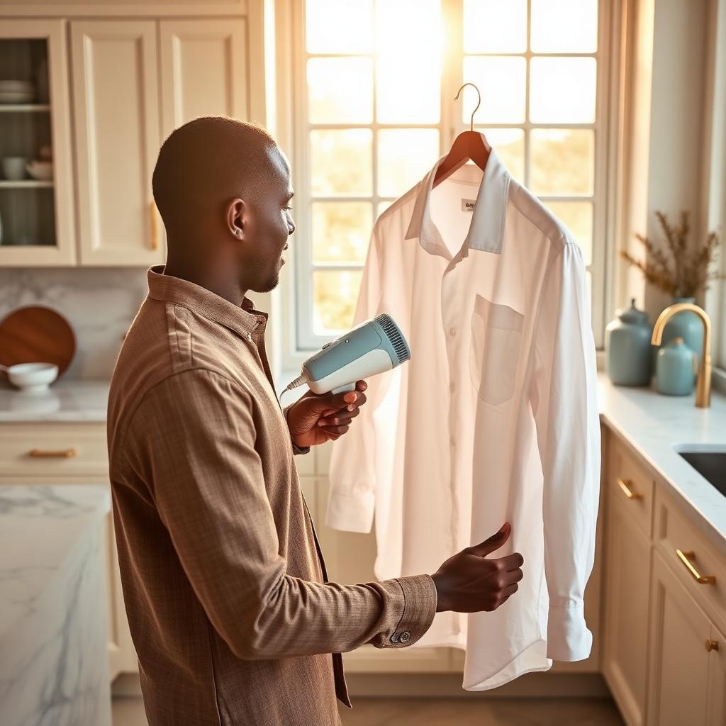Man steaming a white shirt on its hanger with the handheld steam iron brush in a bright kitchen