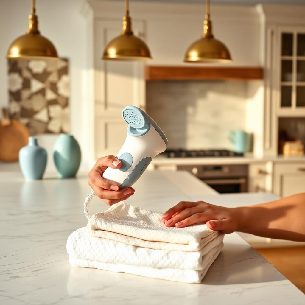 Handheld steam iron brush being used on folded linen on a marble kitchen counter beside round ceramic vases